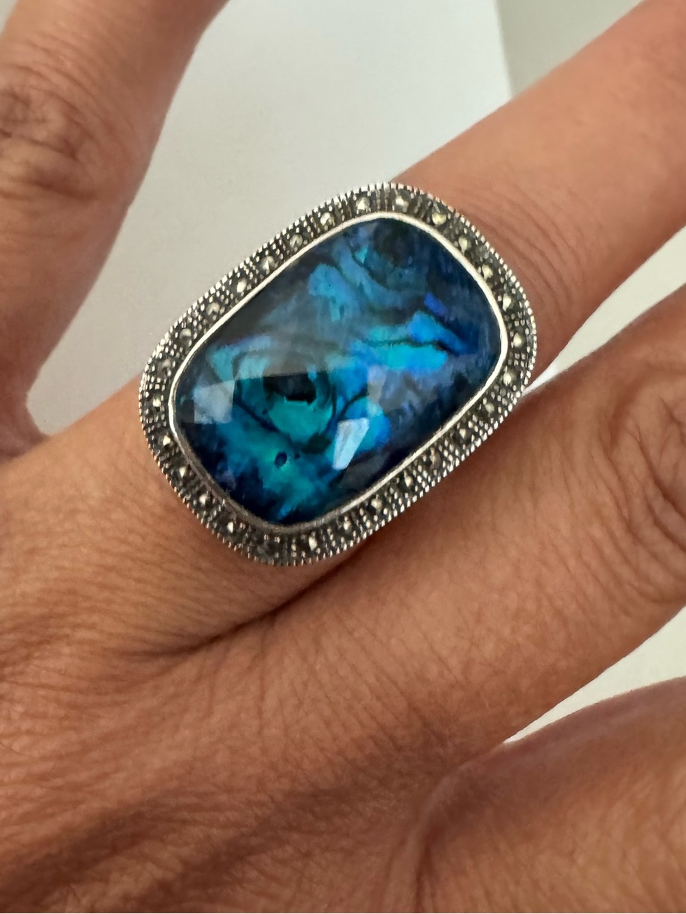 Blue Faceted 925 Sterling Marcasite Statement Ring - Women Jewelry
